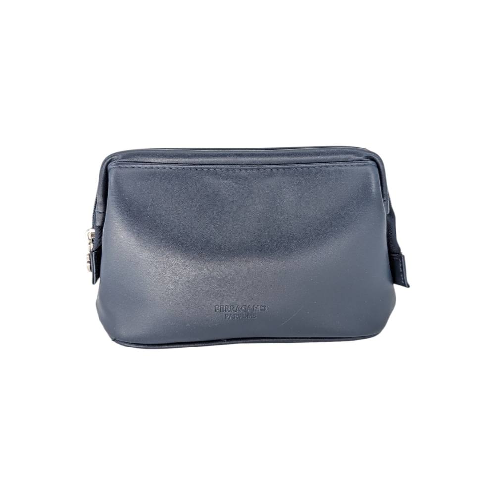 00235 Ferragamo Fragrance Faux Leather Zip Pouch Blue travel classic makeup bag